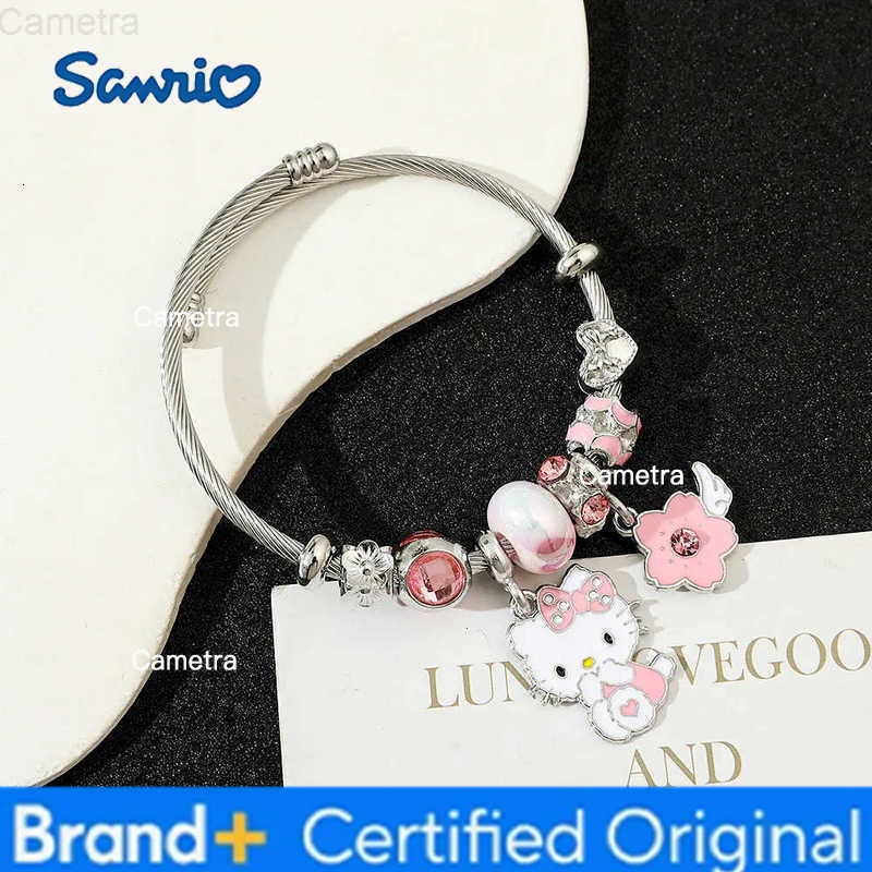 Sanrio Hello Kitty Pink Enamel Charm Bracelet Cherry Blossom Pendant Cute Bangle for Women Girls Fashion Accessory H251229