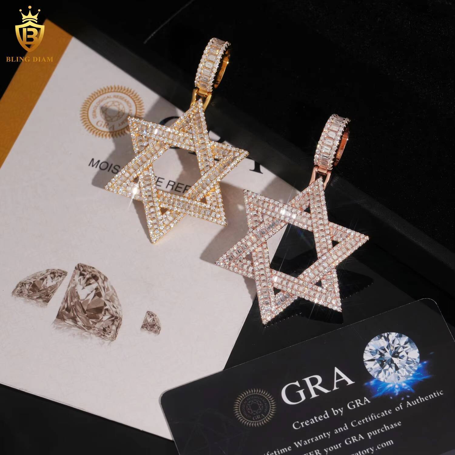 Hip Hop Moissanite Jewelry Hexagram Charm Pendant Solid 925 Silver Baguette Cut Moissanite Pendant Jewelry Iced Out Pendant GRA