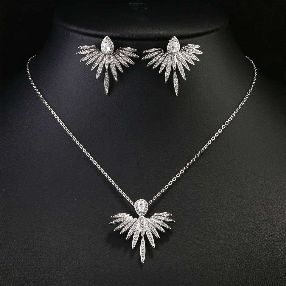 ZAKOL Vintage Full Micro-intact Zircon Feather Wing-shaped Earring Necklaces for Women Ins Trendy Aesthetic Bridal Accessories