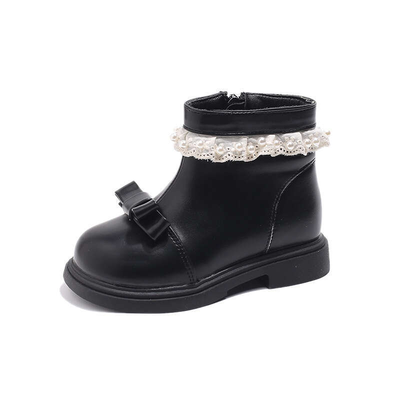 Ins British Style Martin 2025 Autumn Winter New Korean Version Girls' Bowknot Pearl Lace Fleece-Lined Short Boots