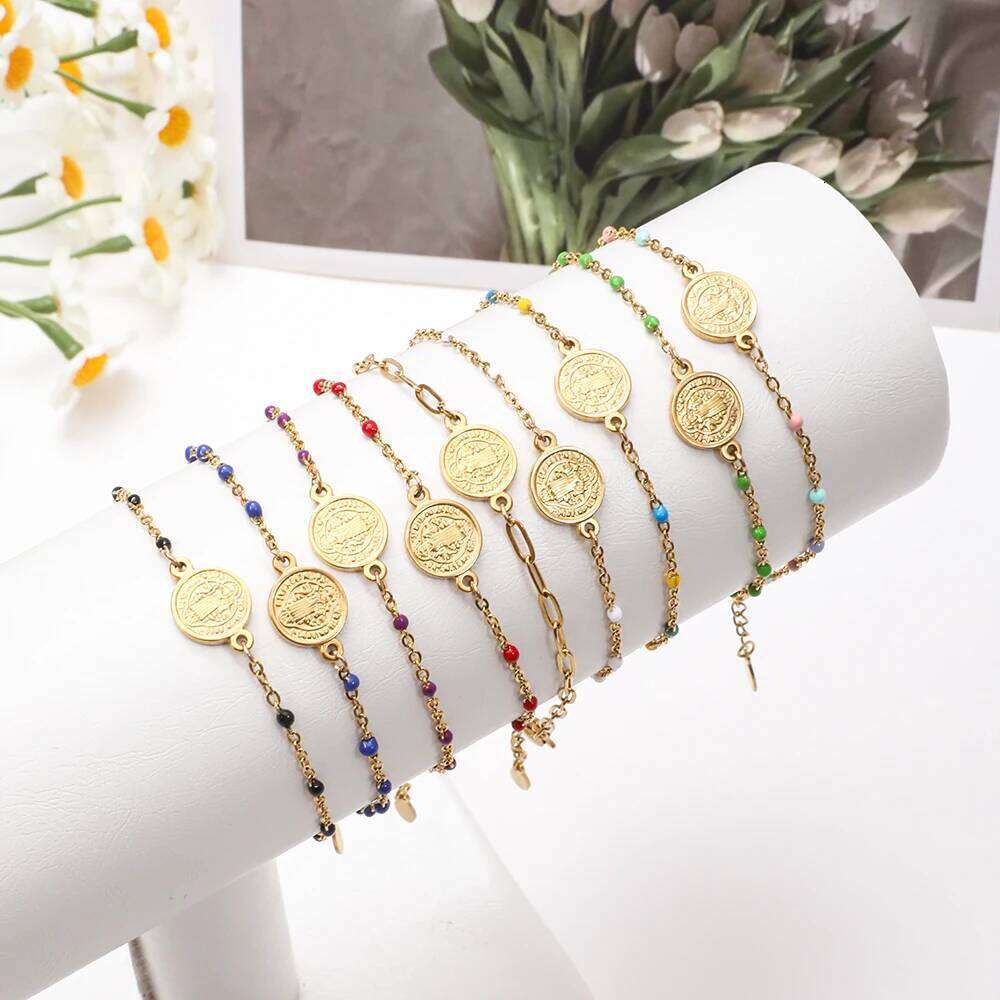 Coin Charm Stainless Steel St Benedict Medal San Benito Adjustable Link Chain Bohemia Bracelet 25H1229