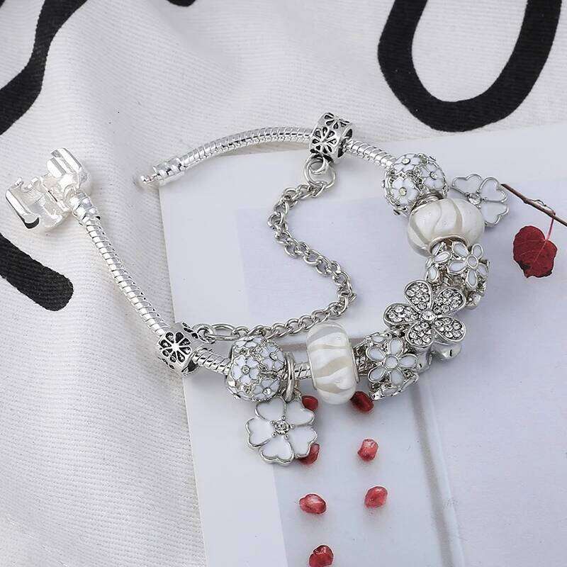BAOPON Hot Sale White Crystal Flower Dangles Charm Plant Beads Brand Bracelet For Women Men Couple Anniversary Jewelry 25H1229