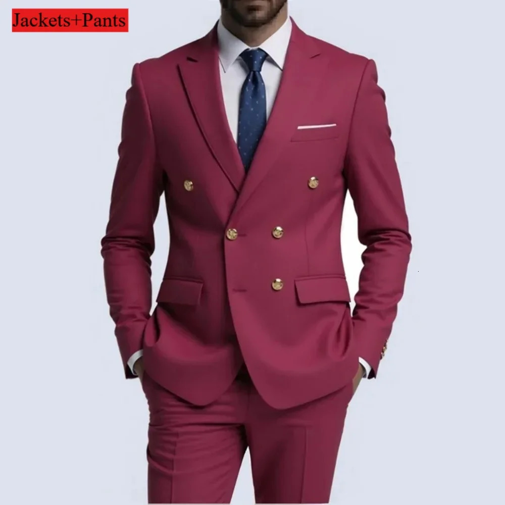 Mens Double Breasted Terno Slim Fit Black High Quality Wedding Party Dance Gold Buttoned Formal Suit Male Costume 251213