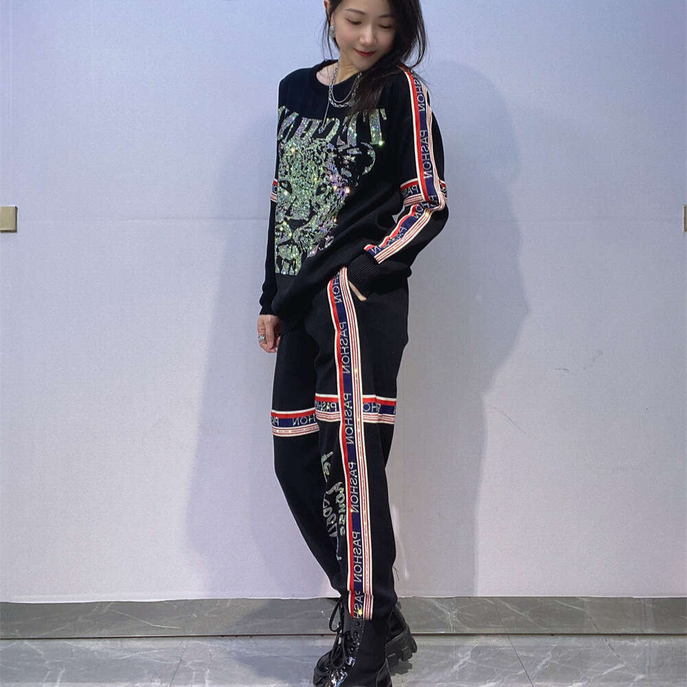 And American Women's Clothing Colorful Ribbon Splicing Long Sleeve Knitted Sweater Plus Size Trendy Brand European Goods Heavy Craft Rhinestone T