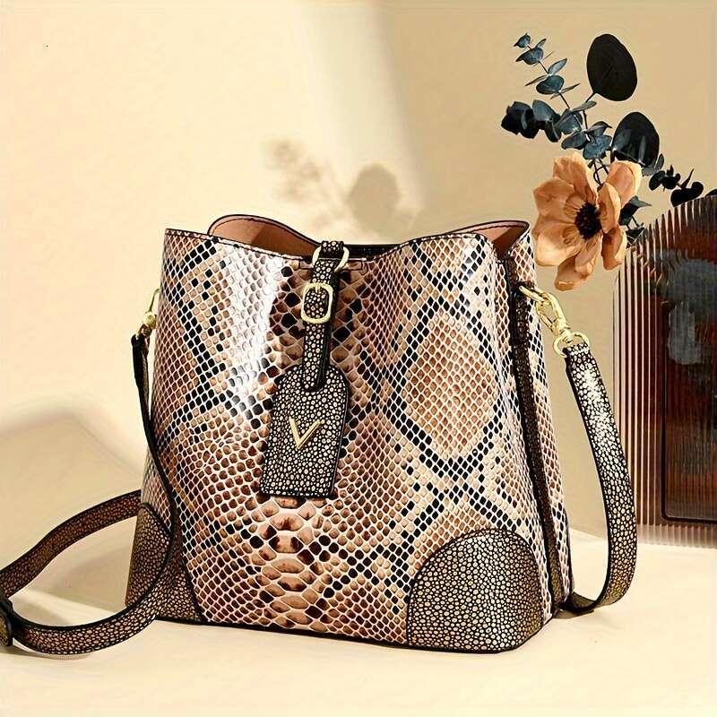 JINXIANGGUO Pc Color Block Gradient Snake Print Fabric Tote Bucket Women Large Capacity Multi Pocket Handheld Crossbody Bag For Daily Use