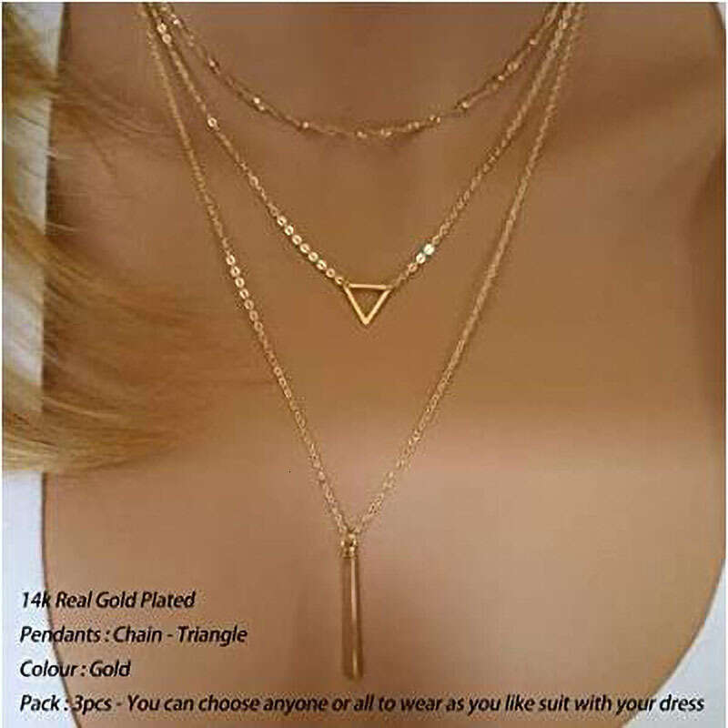 Cross-Border Jewelry Simple Fashion Round Bead Necklace Geometric Triangle Bar Long Pendant Three-Layer Chain