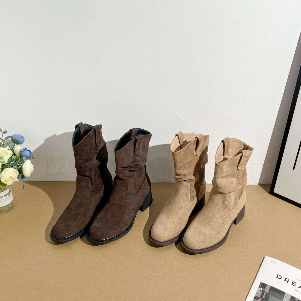 Vintage Internal Height Increase Short Women, Autumn and Winter Slouch Chelsea Slim Boots, Chunky Heel Soft Surface Martin Boots for Women