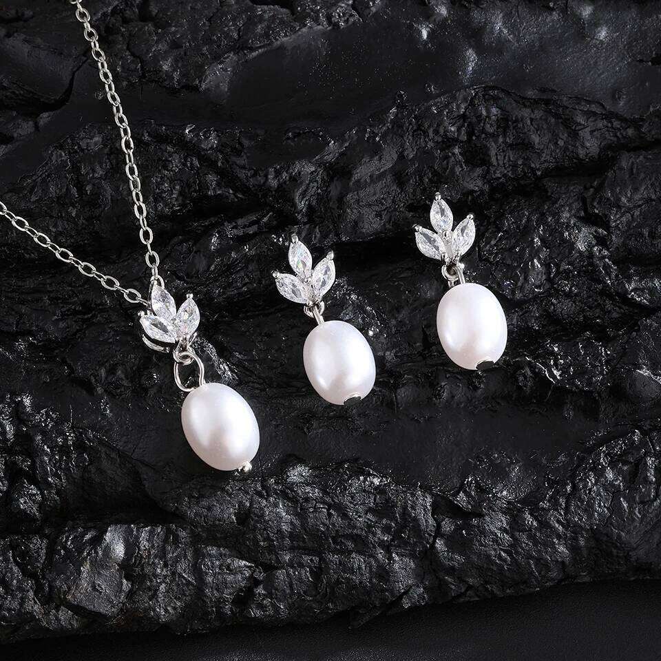 ZAKOL Elegant Shiny Zircon Imitation Pearl Pendant Earring Necklace Set for Women Luxury Party Jewelry Gifts