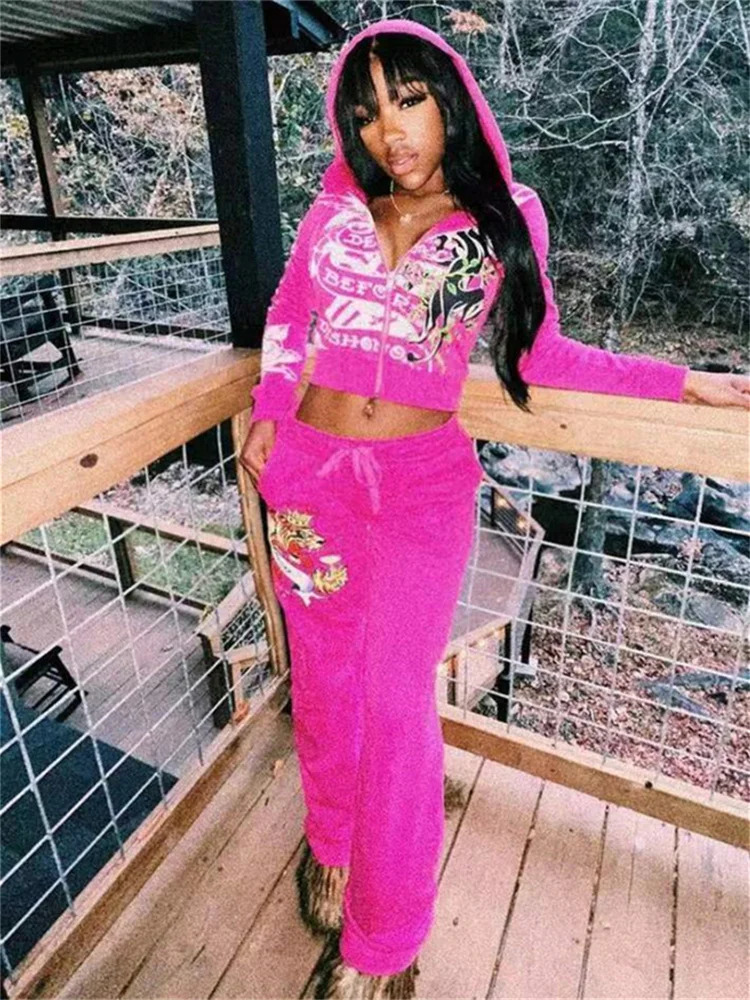 Spring 2 Two Piece Sets Casual Tracksuits Women Long Sleeve Zipper Crop TopBaggy Pants Suits Club Rose Red Matching Outfits 251224