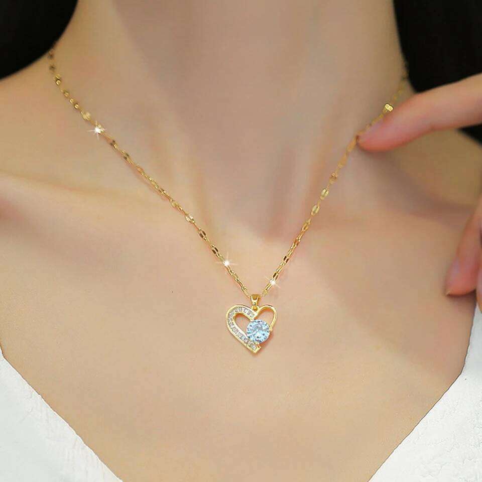 ZAKOL Exquisite Clear Zircon Heart-shaped Pendant Necklace for Women Gold Color Titanium Steel Chain Love Jewelry Gift