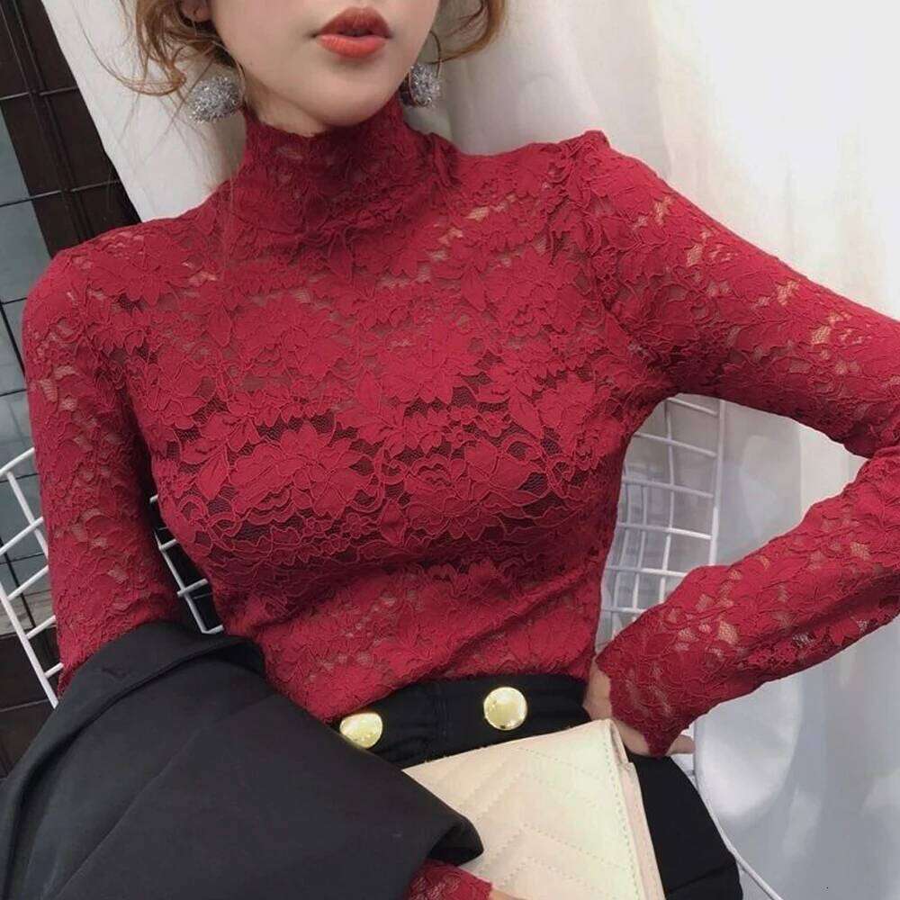 Stretch Floral Petal Sleeve Women's Long Sleeved S-3Xl T Shirt Ladies Perspective Blouse Tops Sexy Lace Tees Clothing ZHE HAN