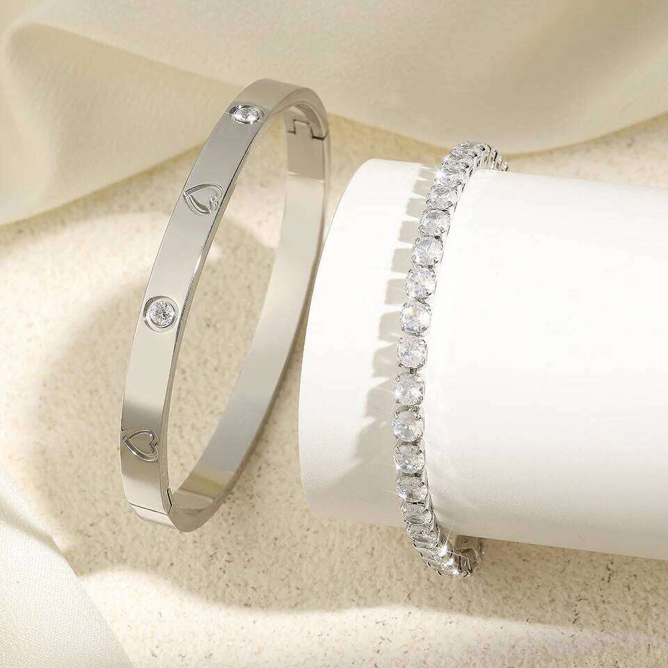 ZAKOL 2 Pcs Stacked Bangle Fashion Sparkling Zircon Tennis Bracelets Luxury Design Versatile Jewelry Gift for Women