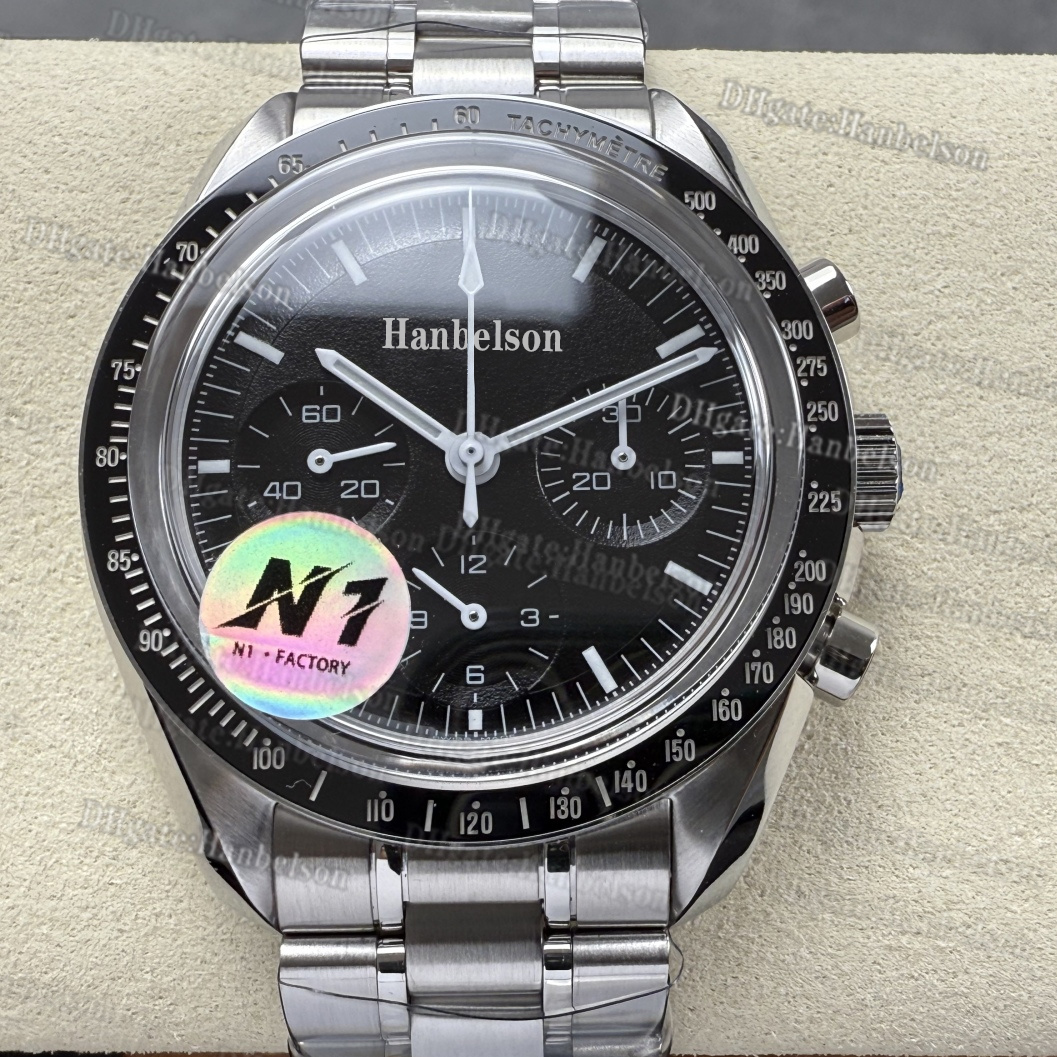 42mm Mens Manual Wind Chronograph Watch with Ceramic Bezel Sapphire glass Black Stepped Sunray Dial Collector's Timepiece N1