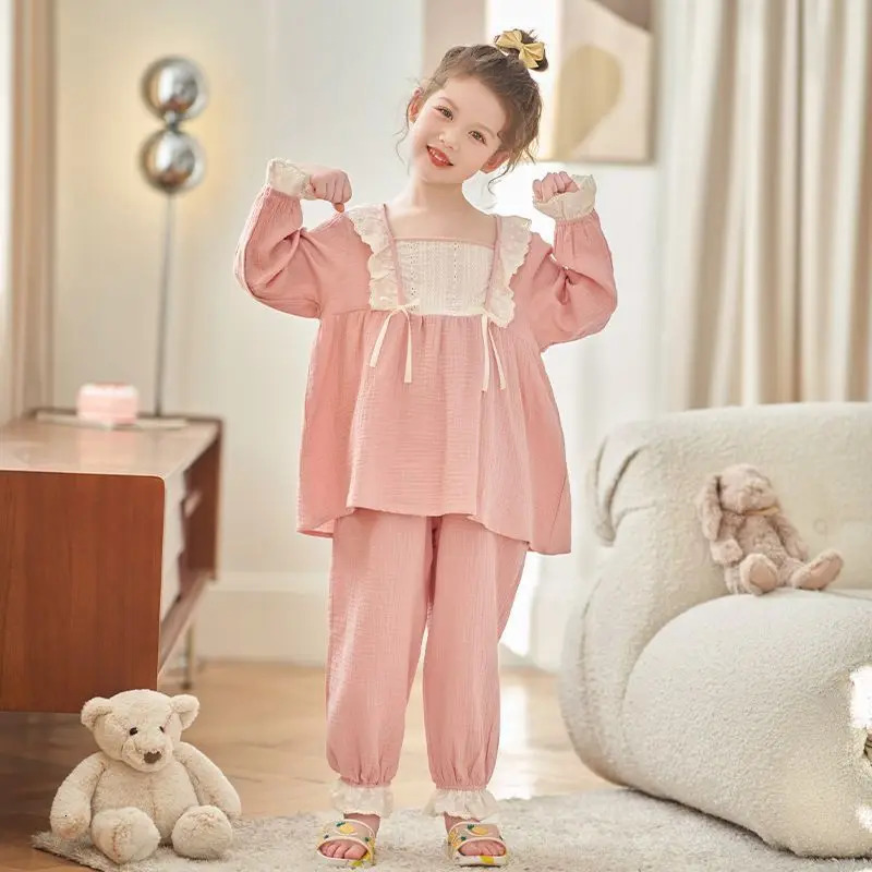2025 Spring Autumn Girls Long Sleeve Pajamas Set Medium To Large Kids Cozy Home Wear Princess n Cotton Lounge Sets 251215