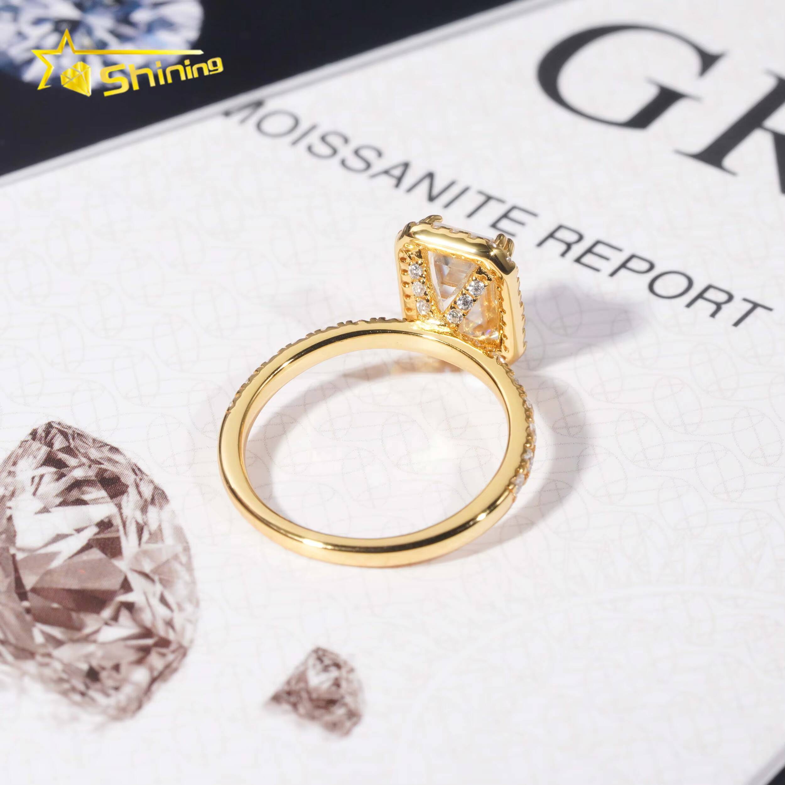 Wholesale Classic Gold Plated Vvs Moissanite Diamond 925 Silver Emerald Cut Halo Women Engagement Wedding Rings