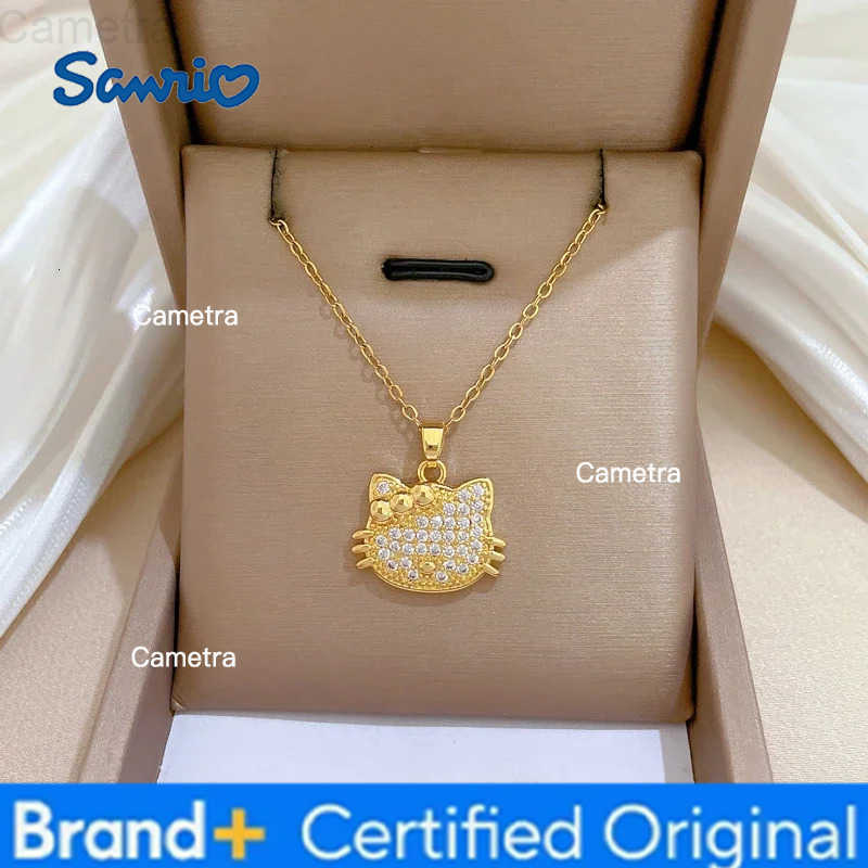 Sanrio Gold Color Luxury Zircon Hello Kitty Pendant Necklace Stainless Steel Chain Lovely Kitten Accessories Jewelry Gifts for Friends H251229