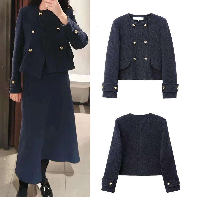Spring Autumn Oneck Long Sleeve Double Breasted Jacket Coat Women Warm Blended Tops Female Casual Chic Wear 2025 251225