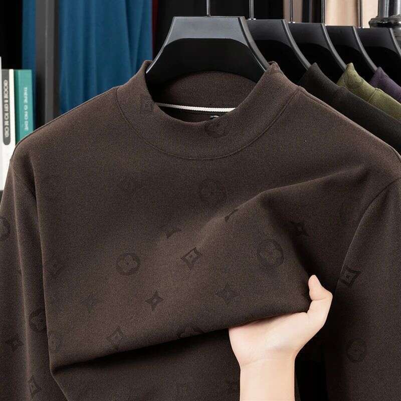 Autumn Winter New Men's Half Turtleneck De Velvet Sweatshirt Non-Iron Korean Version Printed T-Shirt Brushed Long Sleeve Top Base Shirt