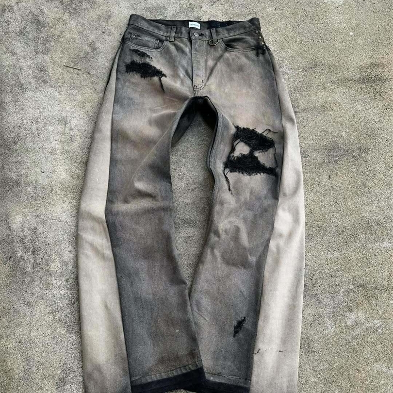 American Hip Hop Mens Jeans High Waist Frayed Patchwork y Micro Flared Spring Street Clothing Loose Floor Pants 251218