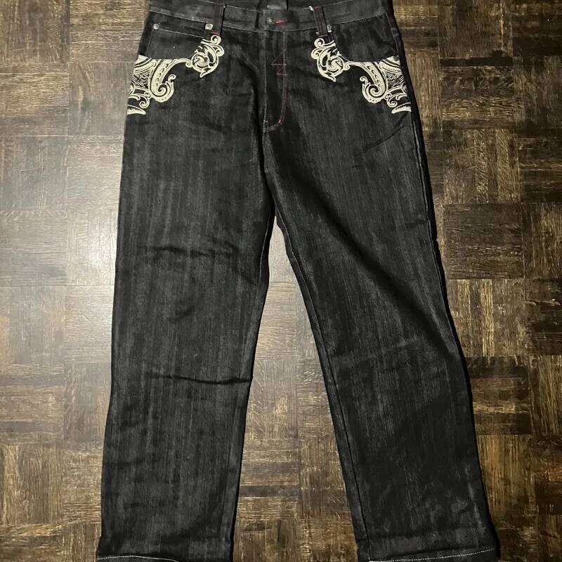 Streetwear New Fashion Big Pattern Embroidered Baggy Jeans Women Y2K Rock Hip Hop Retro Popular Casual High Waist Wide Leg Pants