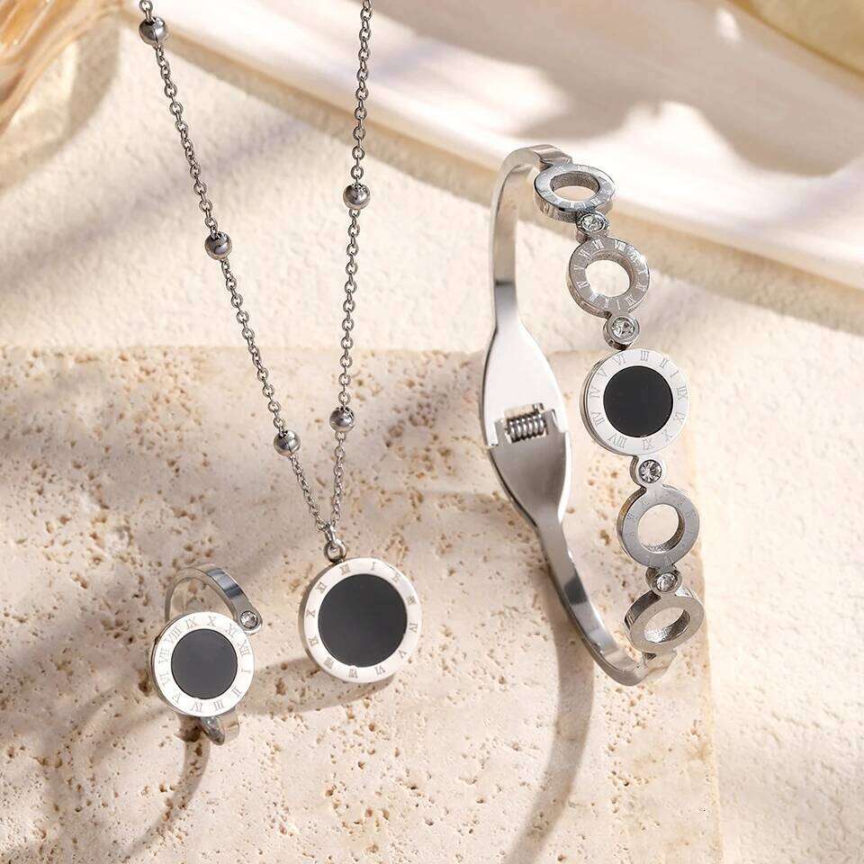 ZAKOL 3Pcs Fashion Roman Numerals Bracelet Ring Necklace Sets for Women Black Shell Hollow Circle Inlaid Zircon Jewelry Gift