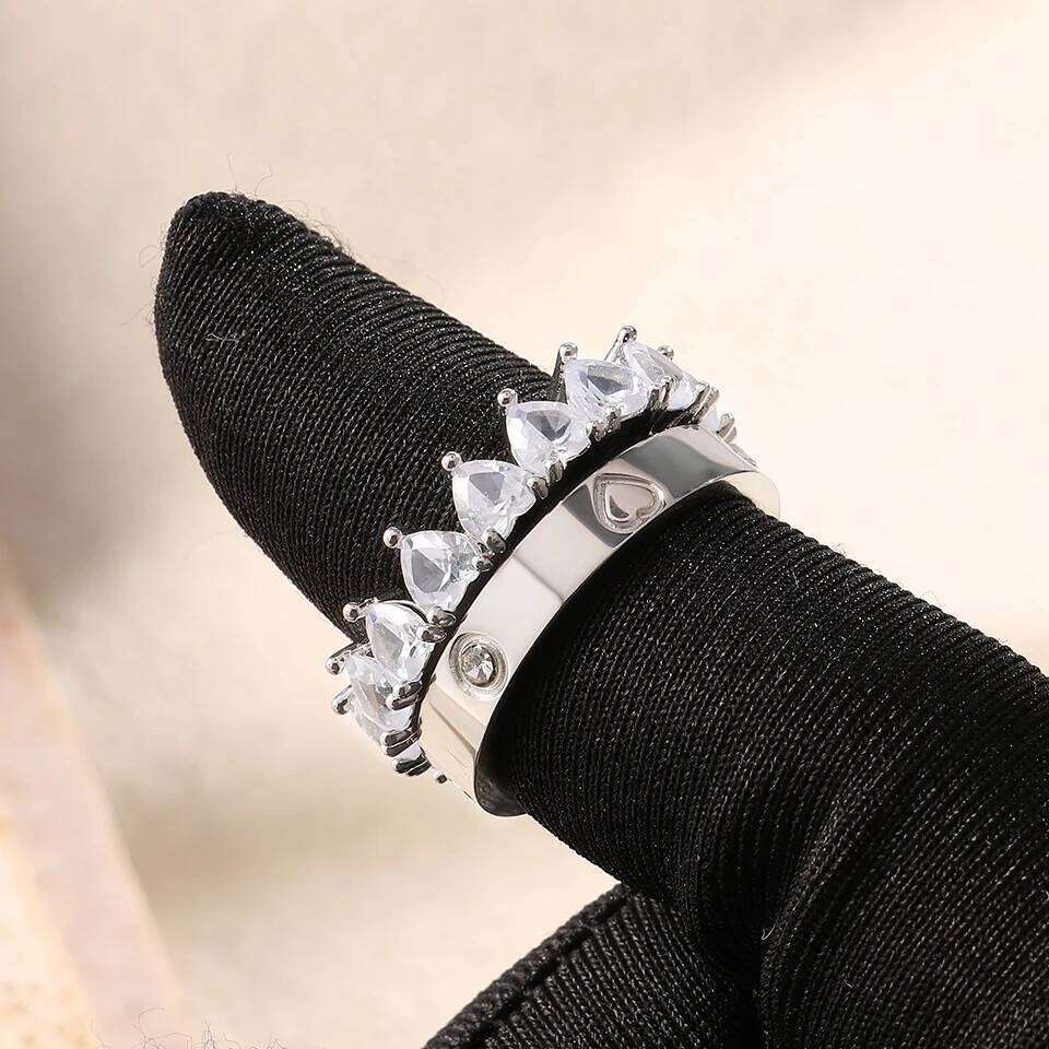 ZAKOL 2pcs/Set Heart Zircon Stainless Steel for Women Exquisite Buling CZ Finger Ring Valentine's Day Birthday Jewelry Gift