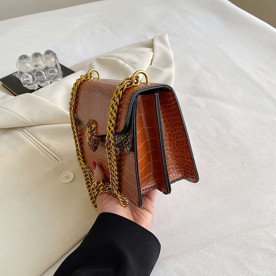 JINXIANGGUO Crossbody Crocodile Print Women S New Fashion Versatile Stylish Vintage Small Square Shoulder Bag With Chain