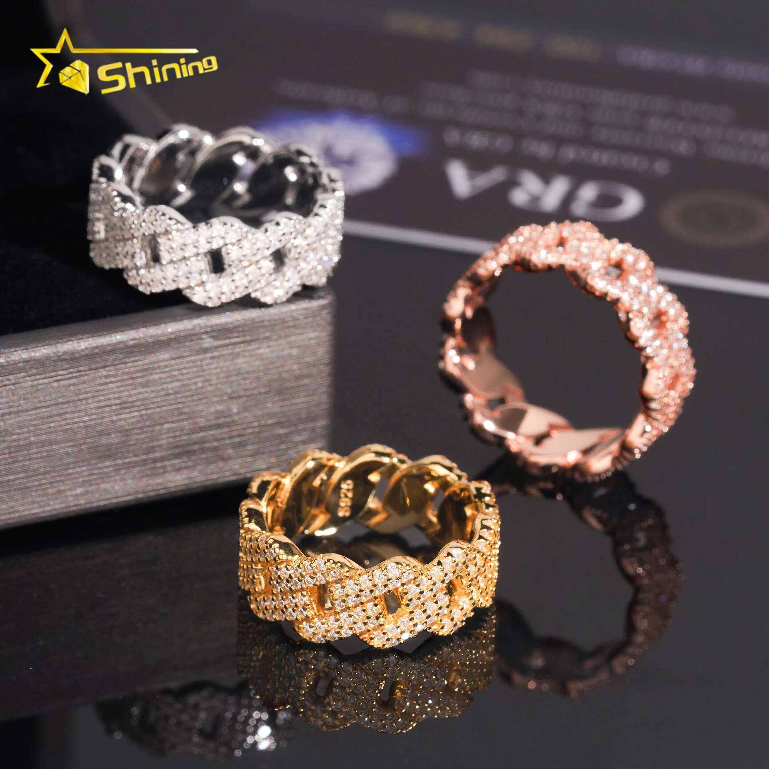 Ready to Ship Pass Diamond Tester 925 Silver Cuban Ring Gold Plated Hip Hop Moissanite Rings