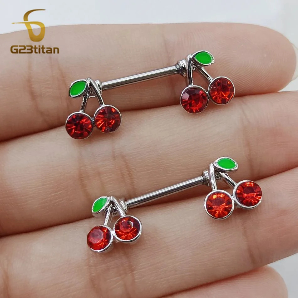 2pcs 14G Barbell Sweet Cute Cherry Shaped Zircon Breast Ring For Women Body Piercing Sexy Nipple Ring Jewelry Ornament 251224