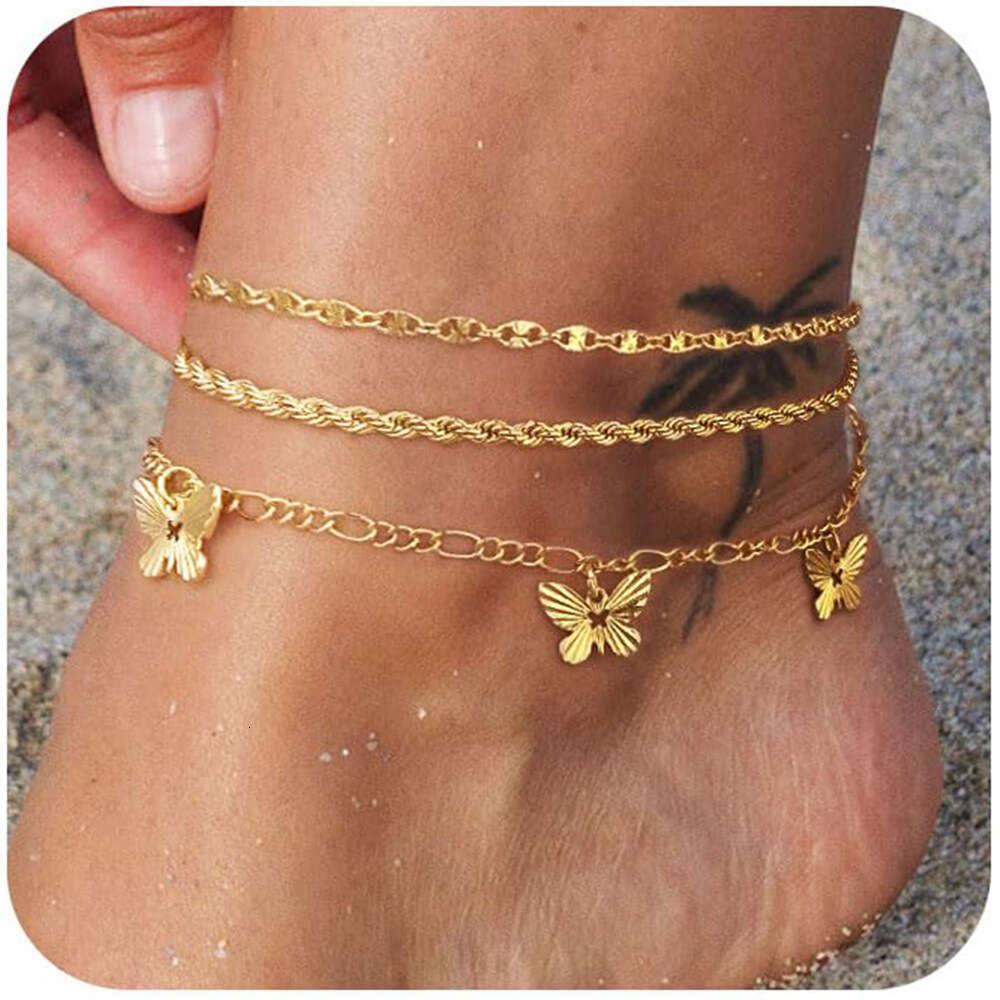 Foreign Trade Personalized Versatile Butterfly Set Stainless Steel Braided Cuban Anklet Niche Style Elegant Ankle Chain