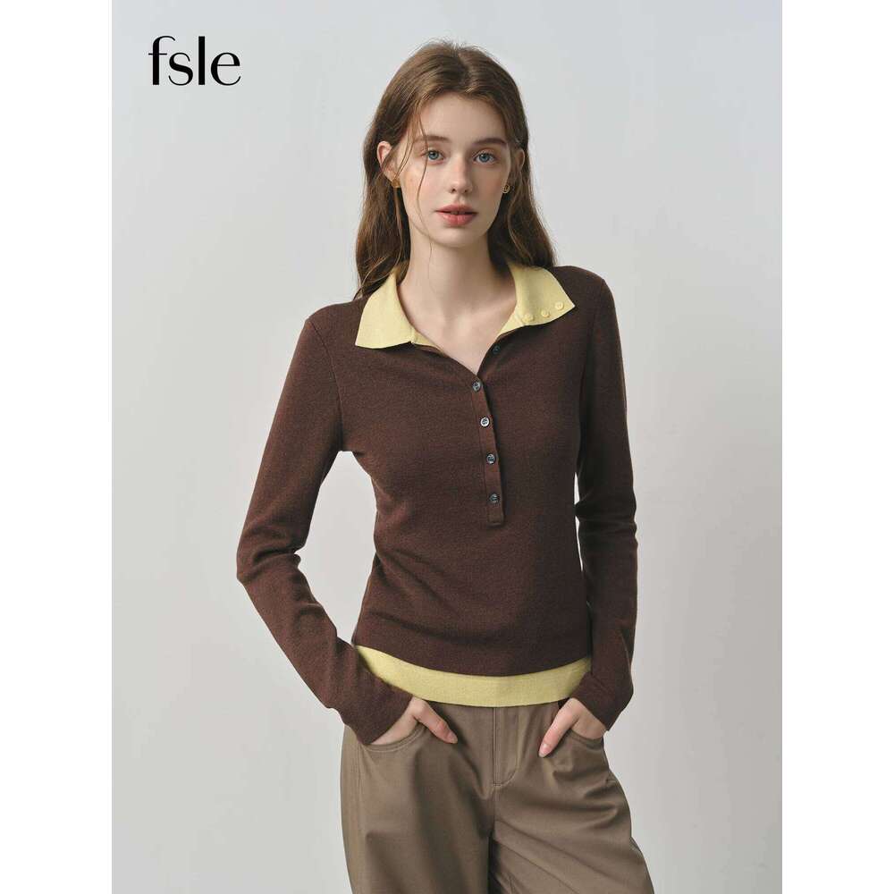 New Autumn Women's Knitted Sweater Color Block Barenia Style Fake Two-Pieces Turn Collar Vintage Cozy Cable Knit Top