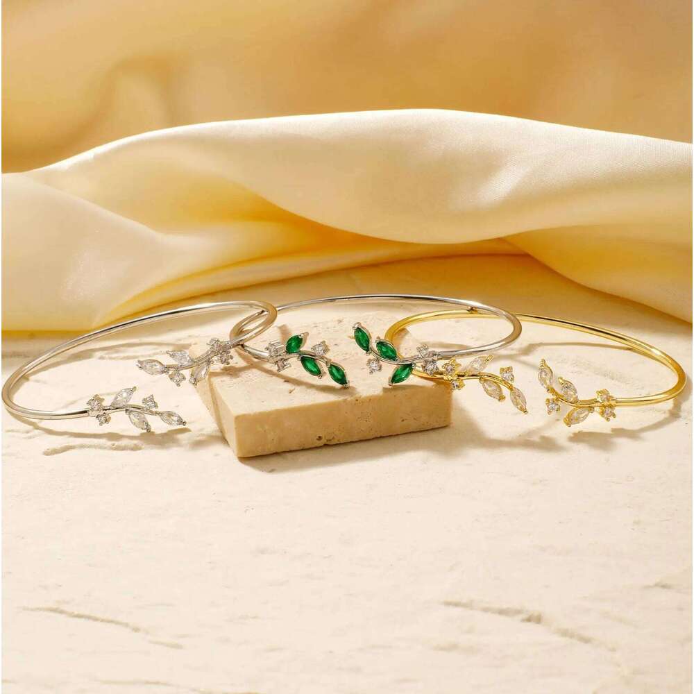 ZAKOL Simple Leaf Zircon Open Gold Color Stainless Steel Cuff Bracelet Pulseira Feminin Tiny Hand Jewelry