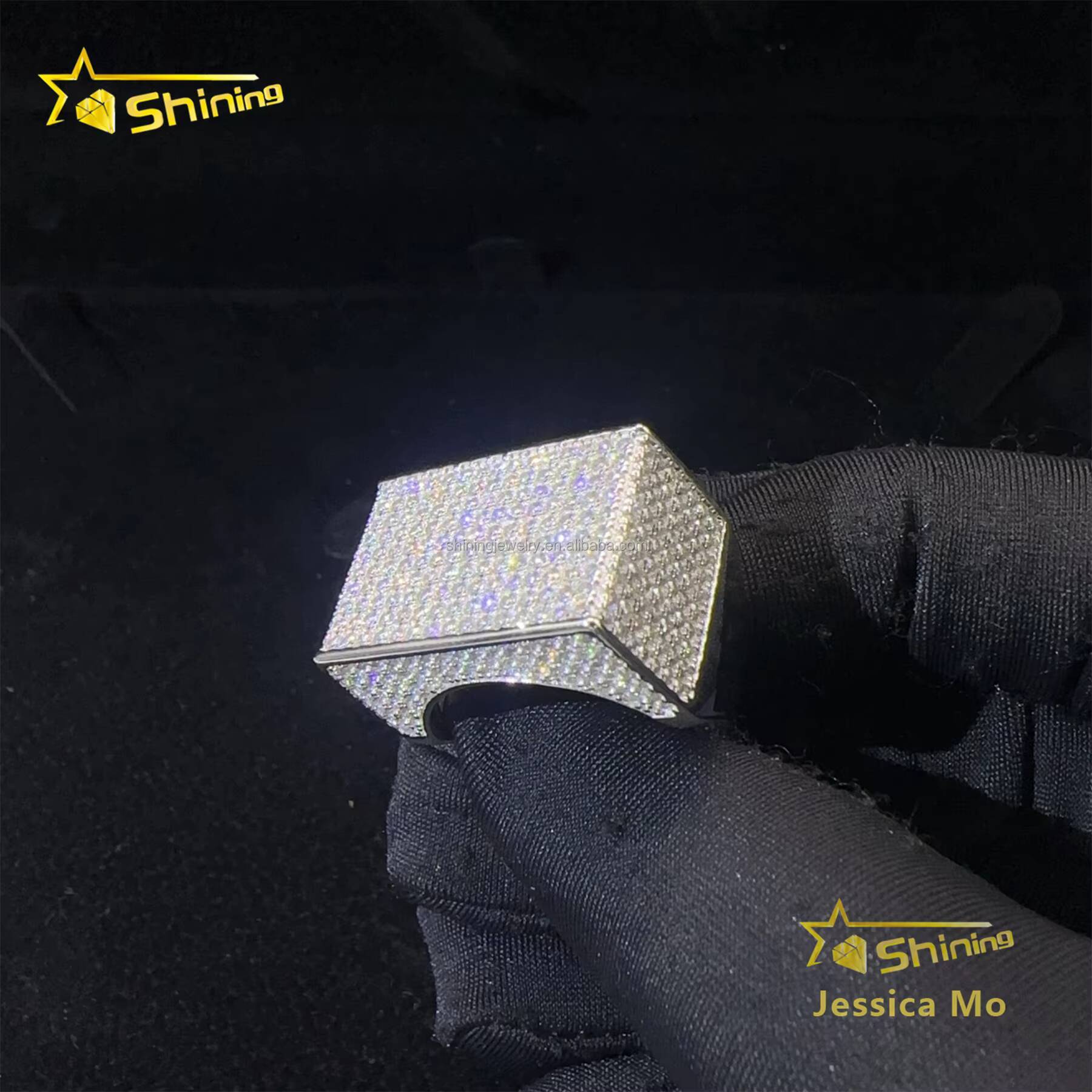 New Arrivals Bulk Stock Fire Man Jewelry Hip Hop S925 Sterling Silver Iced Out Vvs1 Moissanite Diamond Square Ring With GRA