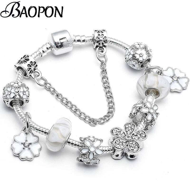 BAOPON Hot Sale White Crystal Flower Dangles Charm Plant Beads Brand Bracelet For Women Men Couple Anniversary Jewelry 25H1229