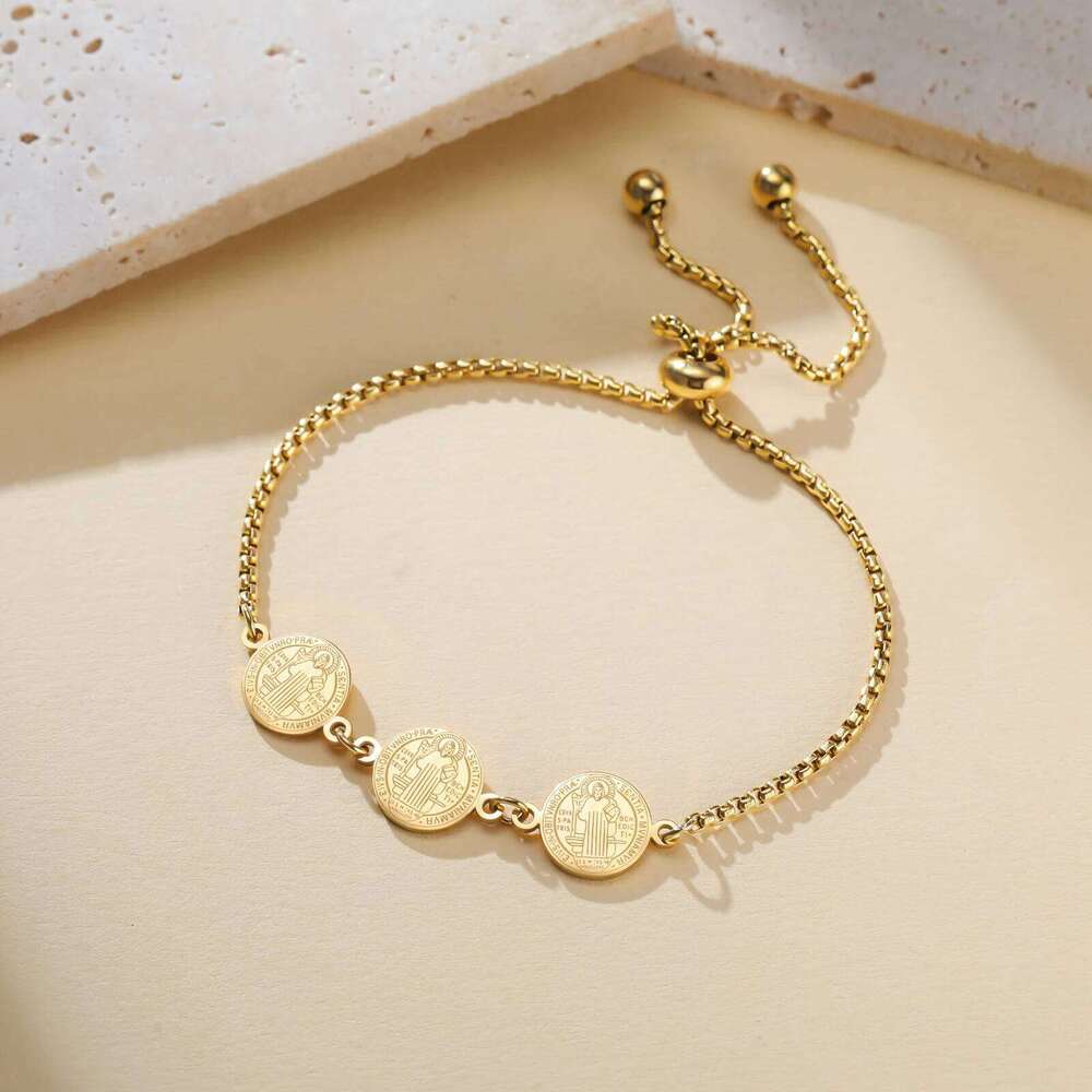 Double-sided Saint Benedict Exorcism Cross Charm Women Stainless Steel Gold Color Adjustable Box Chain Bracelet Jewelry 25H1229