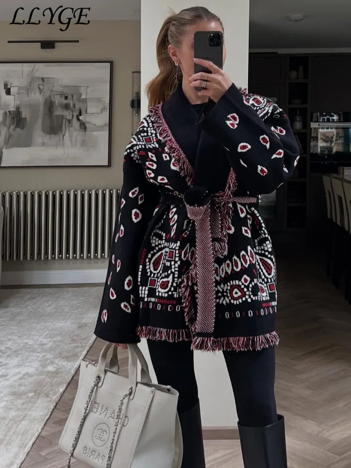 Elegant Knit Jacquard Tassel Belt Cardigan Women Lace Up Lapel Long Sleeve Warm Sweater Autumn Winter Lady Knitwears 251226