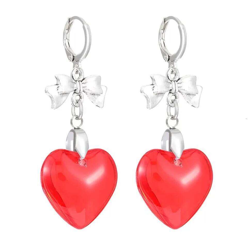 ZAKOL Y2k Sweet Harajuku Red Glass Love Heart Dangle Earrings for Women Hot Girls Korean Fashion Punk Bowknot Ear Accessories