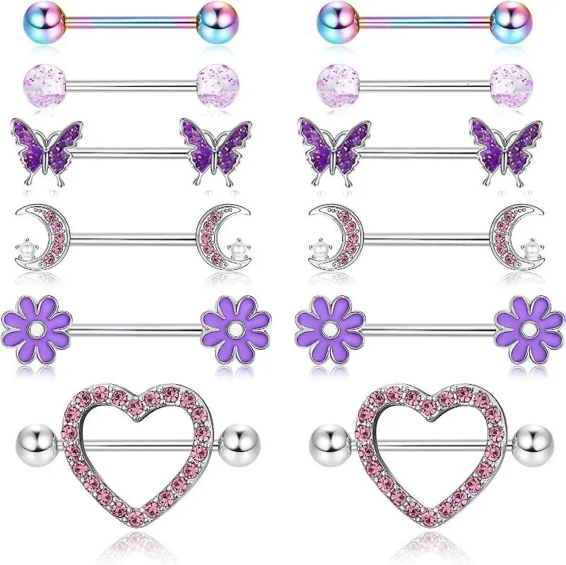 12PC/Set Stainless Steel Pink Heart Moon Nipple Piercing Kit Fashion Crystal Sexy Nipple Ring Body Jewelry 251224