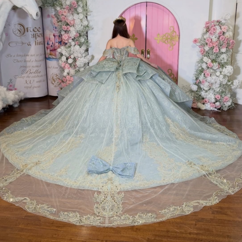 Aqua Blue Shiny Quinceanera Dresses Ball Gown Off The Shoulder Applique Lace Beading Crystal Bow Corset Party Birthday Sweet 16 Dres Vestidos 15 Anos
