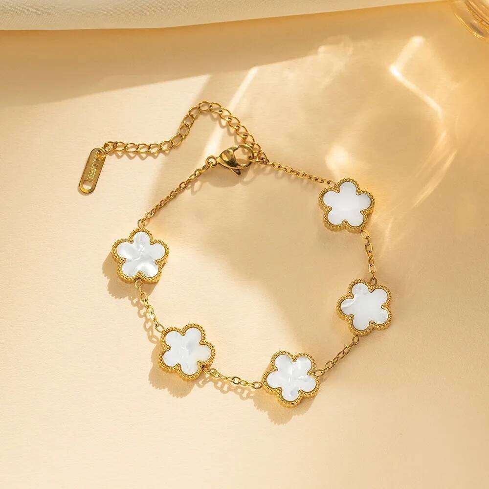18k Gold Plated Titanium Steel Bracelet Five-Leaf Clover Flower Design Luxury High-End Fashion Fadeless Adjustable Jewelry Gift 25H1229