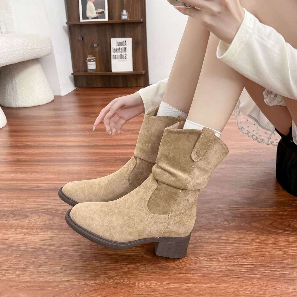 Vintage Internal Height Increase Short Women, Autumn and Winter Slouch Chelsea Slim Boots, Chunky Heel Soft Surface Martin Boots for Women