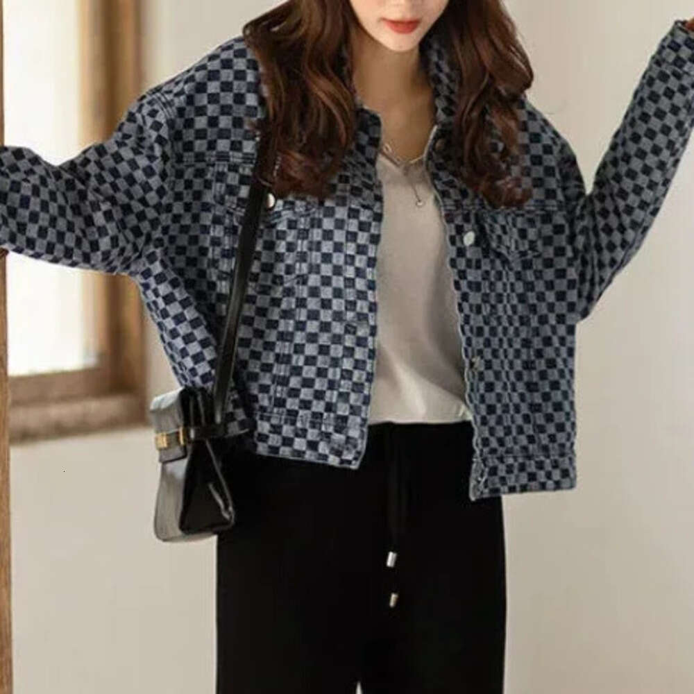 Spring Autumn Check With Print Graphic 2026 Designer Fashion Outerwears Blue Mix Color Female Jeans Coat Women's Denim Jackets Chic And Elegant L