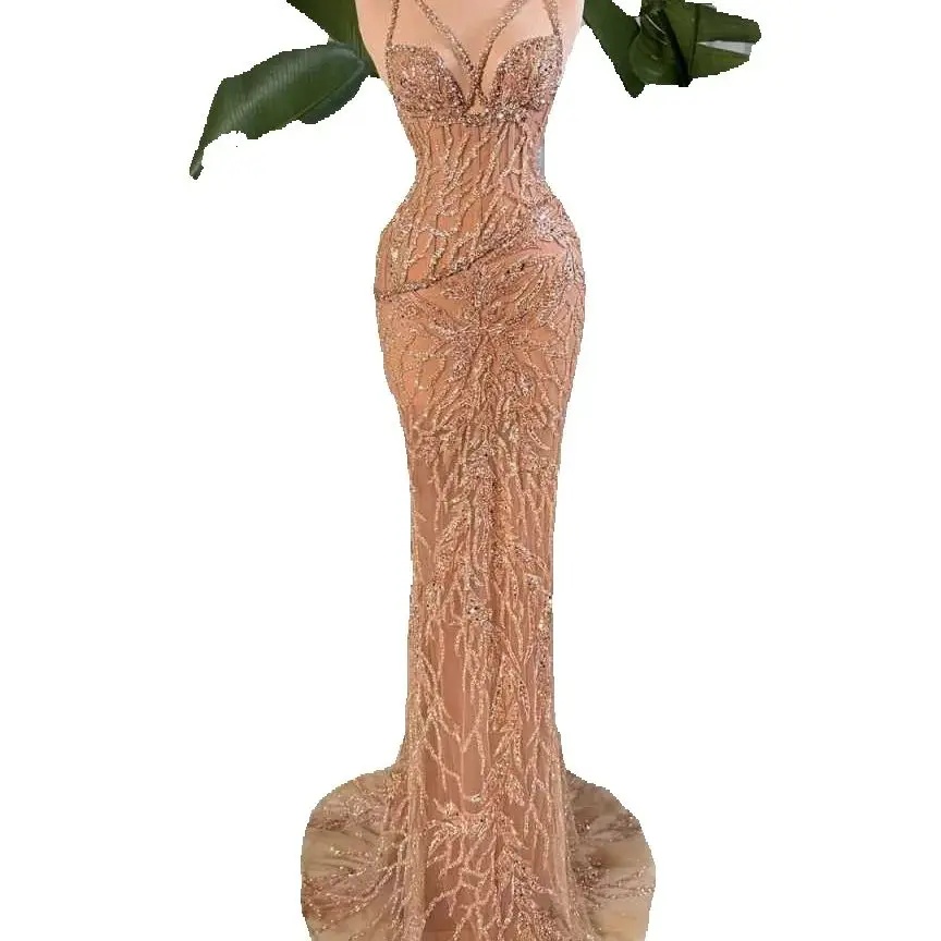 Luxury V Neck Sequined Evening Dresses Sexy Sleeveless Mermaid Prom Dress Customized See Through Floor Length Party Gown