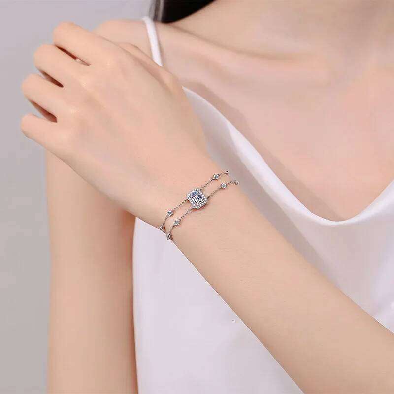 18K Gold Hand-inlaid Moissanite for Women Rectangular Chamfered Sapphire Colored Stone Double Chain Bracelet 591