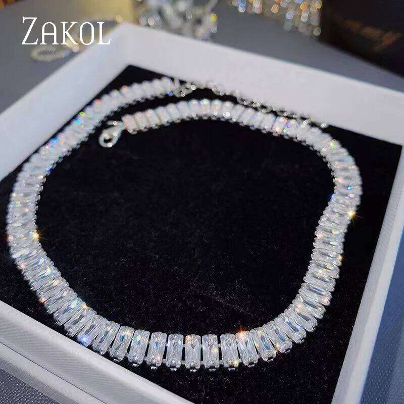 ZAKOL Korean Fashion Rectangle Zircon Choker Necklaces for Women Luxury Clear Geometric CZ Sexy Banquet Party Jewelry
