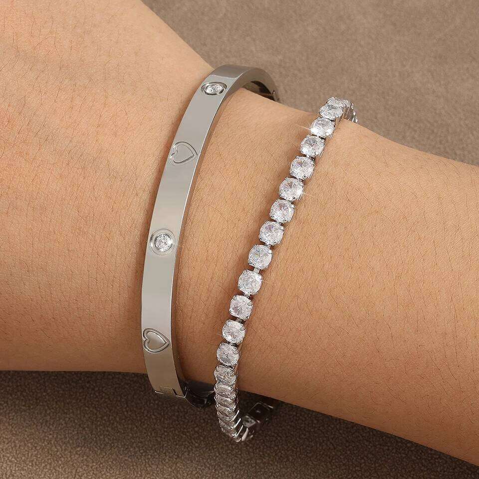 ZAKOL 2 Pcs Stacked Bangle Fashion Sparkling Zircon Tennis Bracelets Luxury Design Versatile Jewelry Gift for Women