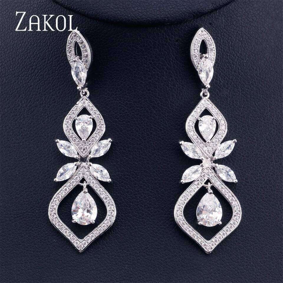 ZAKOL Classic Geometric Clear Zircon Dangle Earrings for Women Elegant Sliver Color AAA CZ Wedding Party Ear Accessories
