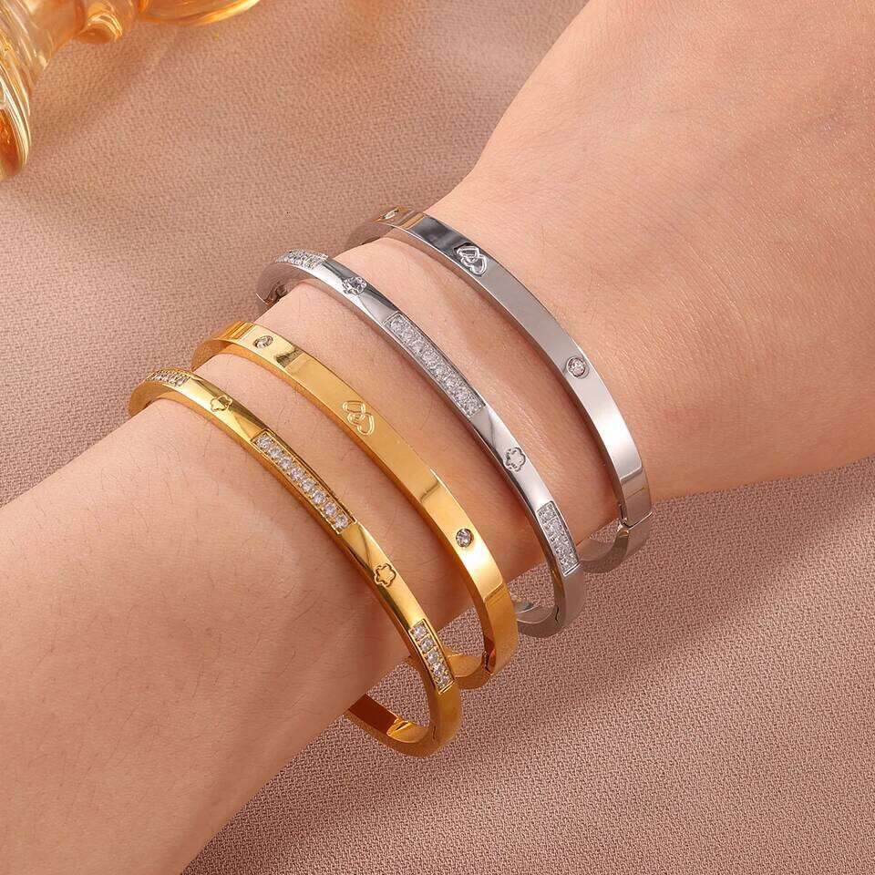 ZAKOL 4Pcs Stainless Steel Zircon Inlaid Bracelets for Women Exquisite Heart Flowers Minimalist Waterproof Stacked Bracelet Gift
