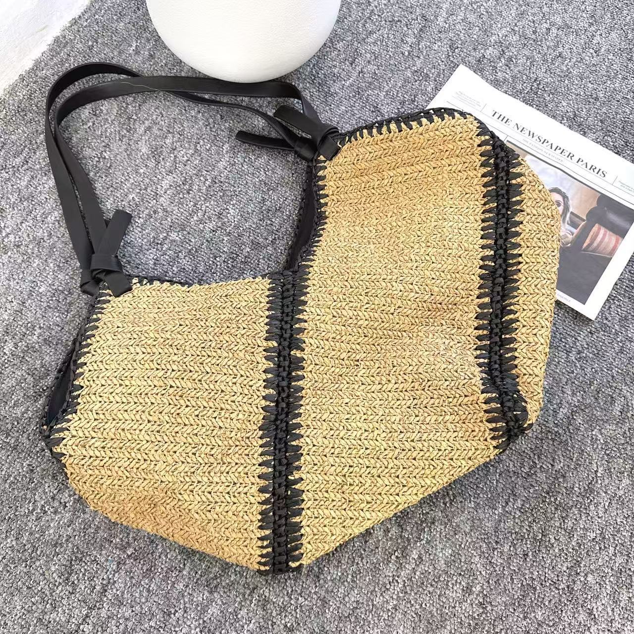 Hump Single Shoulder Diagonal Stripe Straw Woven Bag New Casual Black Edge Handbag Woven Bag Beach Holiday Beach Bag 2026