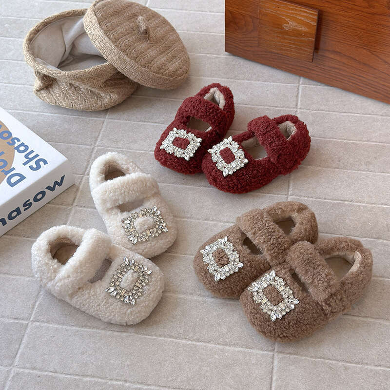 INS Fleece-Lined Fur 2025 Autumn Winter New Korean Style Girls' Rhinestone Princess Soft Sole Warm Cotton Shoes